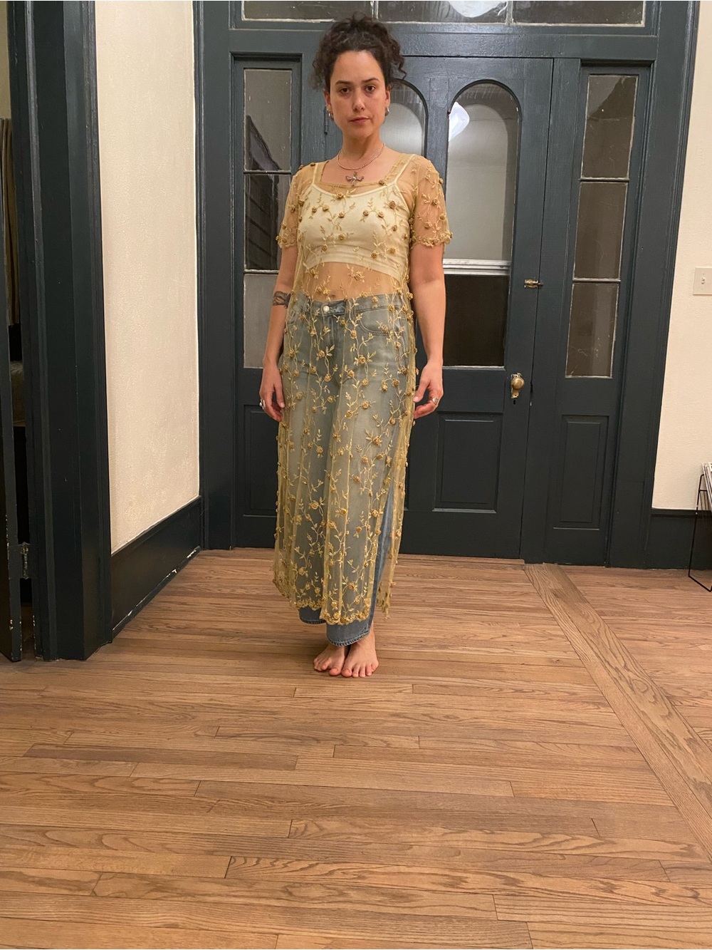 Sheer Vintage Yellow/Gold Embroidered Maxi Dress